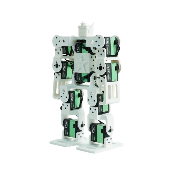 Fashionstar Atom S humanoid kit: a 3D-printed white skeletal biped standing on flat feet with ten green-and-black bus servos visible at every joint.