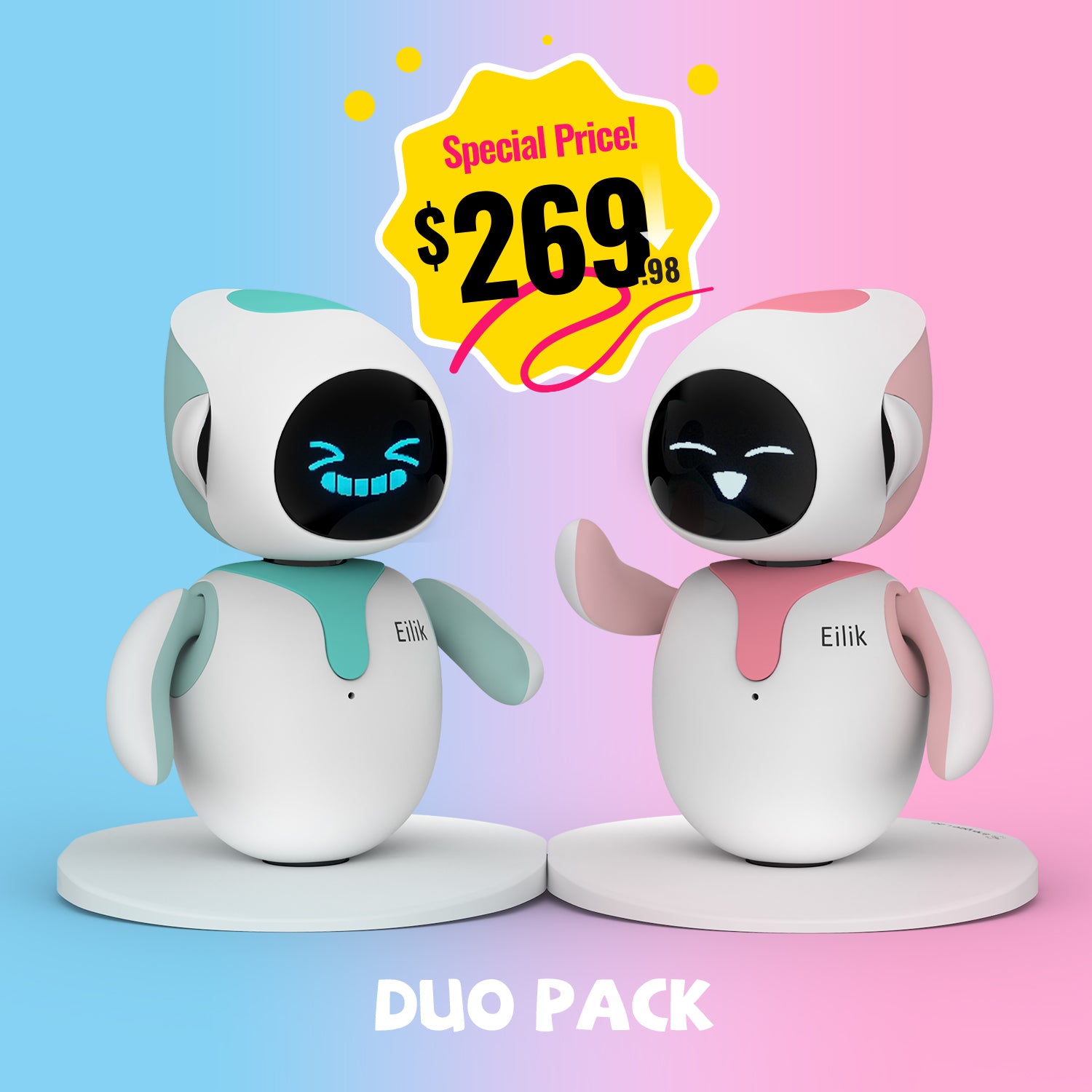 Dual-pack shot showing blue and pink Eilik units together (they interact with each other).