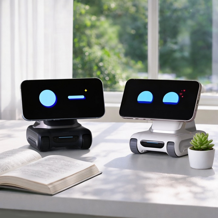 Two LOOI desk robots, one black and one white, on a sunlit desk with smartphones docked on top displaying their blue cartoon eyes.