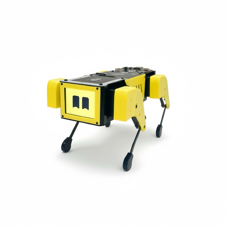 Yellow-and-black Mini Pupper 2 robot dog with a front display face showing two eyes, standing on a white background.