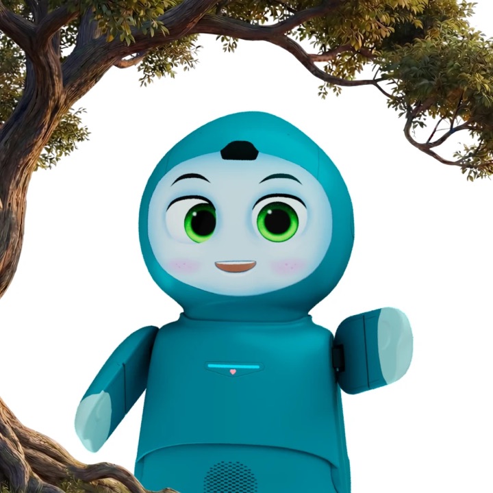The teal Moxie robot with a rounded head, animated face with large green eyes, and mitten-like hands, framed by an illustrated tree.