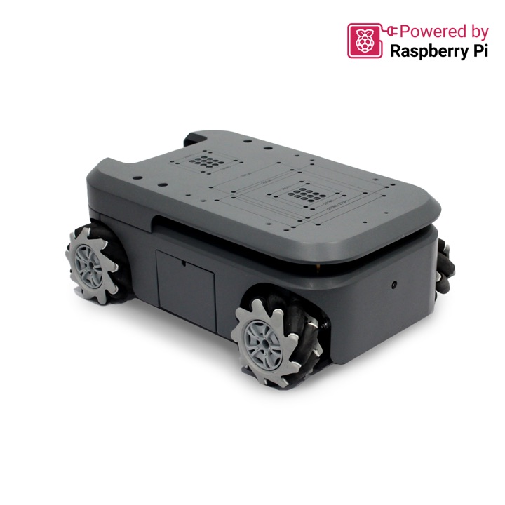 Grey myAGV 2023 Pi mobile chassis showing its flat drilled mounting deck and four black Mecanum wheels.