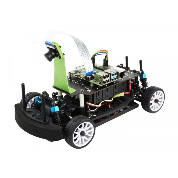 Waveshare PiRacer Pro AI Kit: an open-frame 1/10-scale racing chassis carrying a Raspberry Pi on a raised deck, camera mast at the front, blue coilover shocks and a black foam bumper.