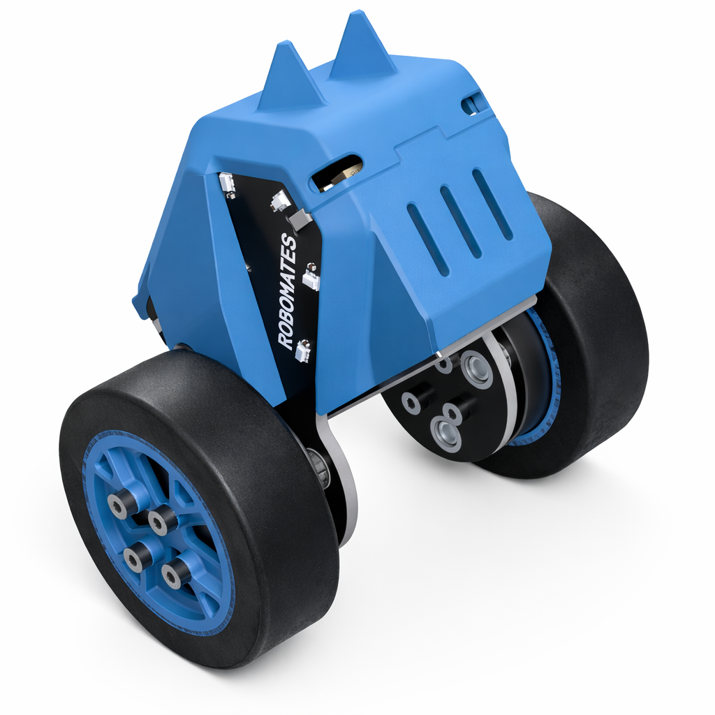 Clean studio render of an assembled blue Robomate (whole robot, white background) with ROBOMATES branding on the side plate.