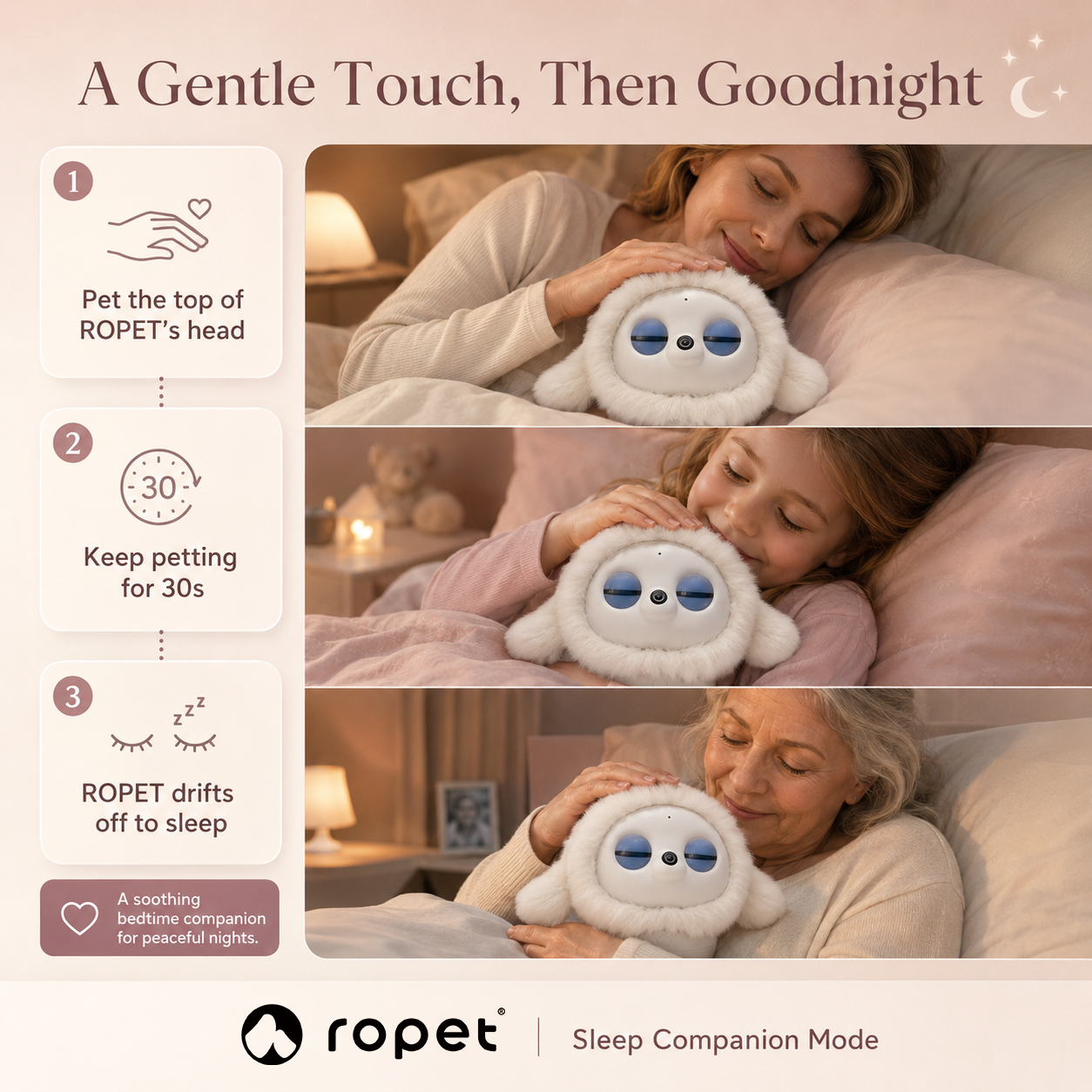Ropet KAMOMO shown in its sleeping state, eyes closed