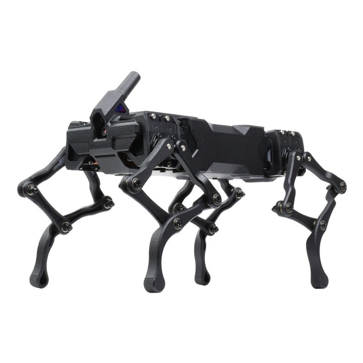 Black WAVEGO 12-DOF quadruped robot dog standing with articulated linkage legs on a white background.